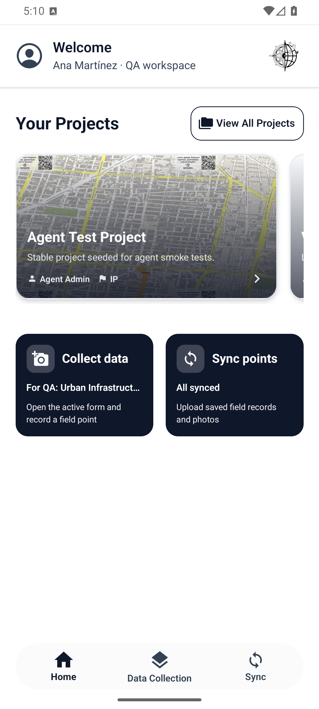 Pantalla real de la app móvil RivGIS con proyectos y vista previa de mapa